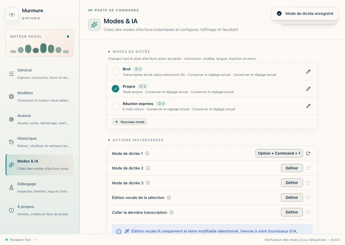 Écran des modes de dictée personnalisables de Murmure