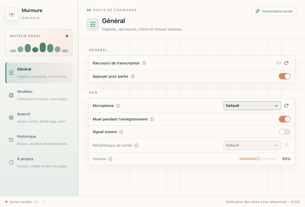 Interface de Murmure affichant les réglages de dictée